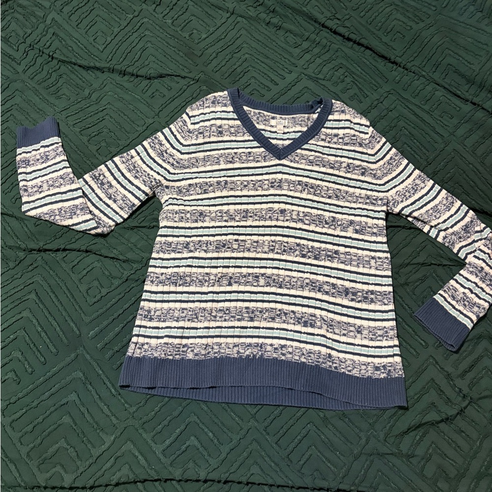croft & barrow Navy and White Striped V-Neck Sweater